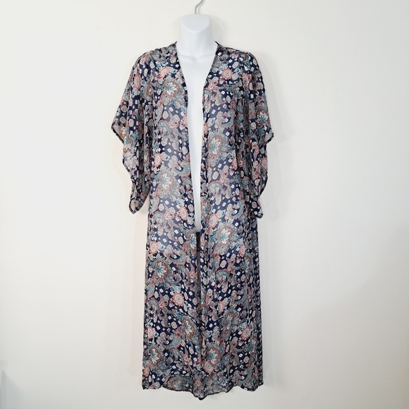 One Clothing Blue Paisley Semisheer Kimono‎ Kaftan Robe Cover Up - Picture 1 of 10